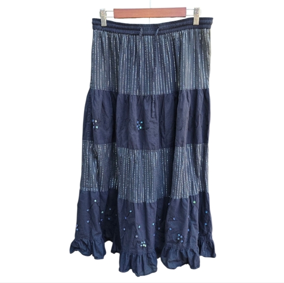 Vintage Y2k 90s Sequined Striped Boho Tiered Maxi Skirt - Picture 1 of 3
